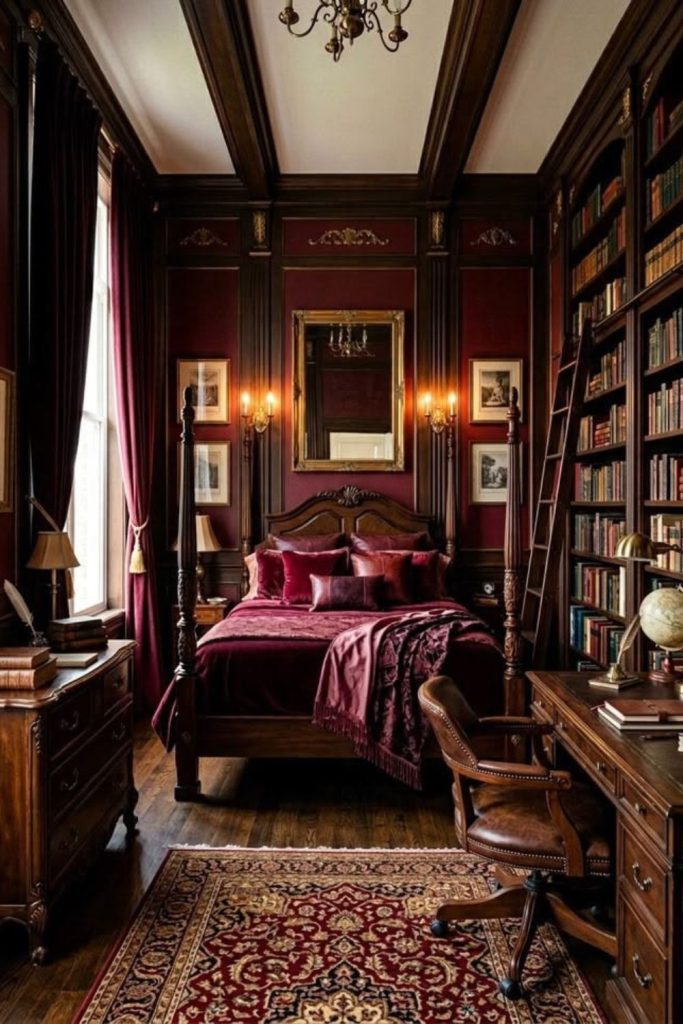 Burgundy Literature Bedroom with Vintage Decor
