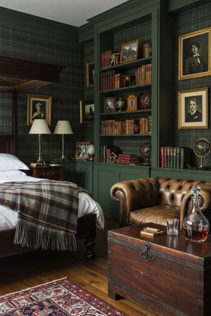 Collegiate Plaid Bedroom with Leather Chair