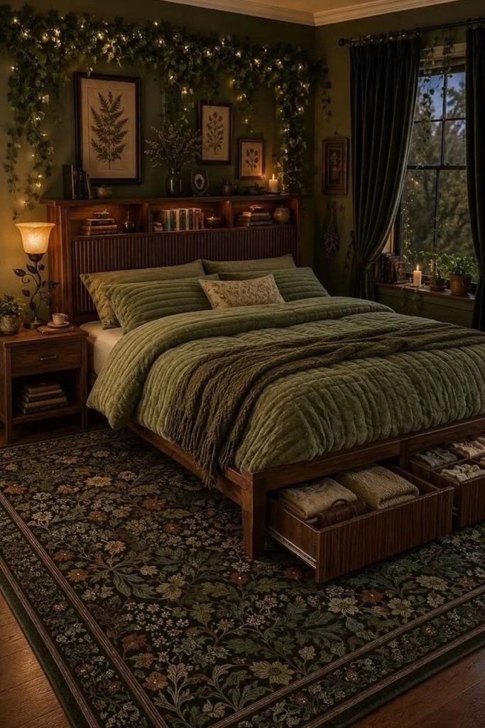Dark Botanical Bedroom with Greenery