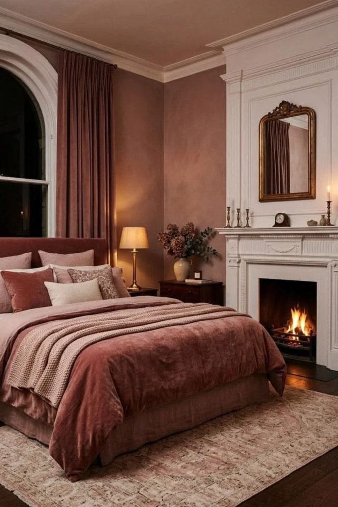 Dusty Rose Academia Bedroom with Walnut Furniture