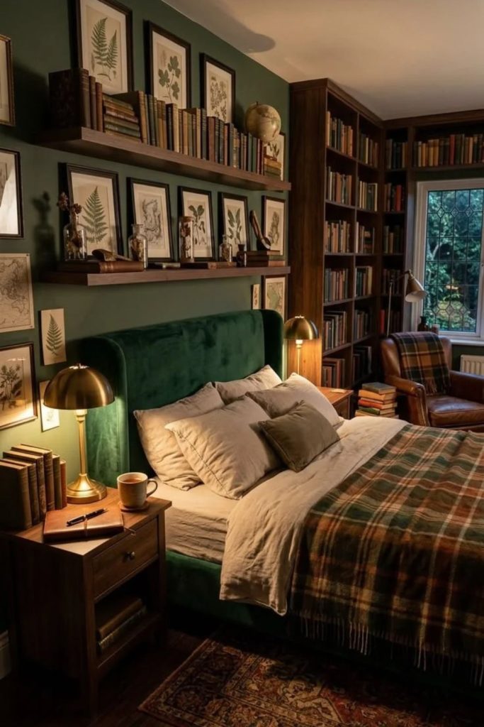 Emerald Scholar Bedroom with Botanical Decor