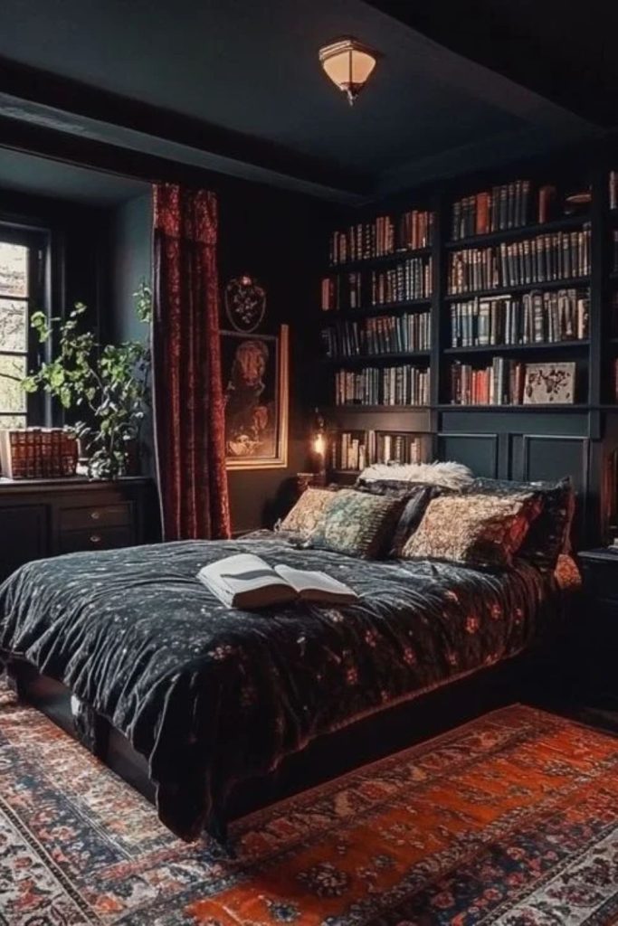 Midnight Library Bedroom with Bookshelves