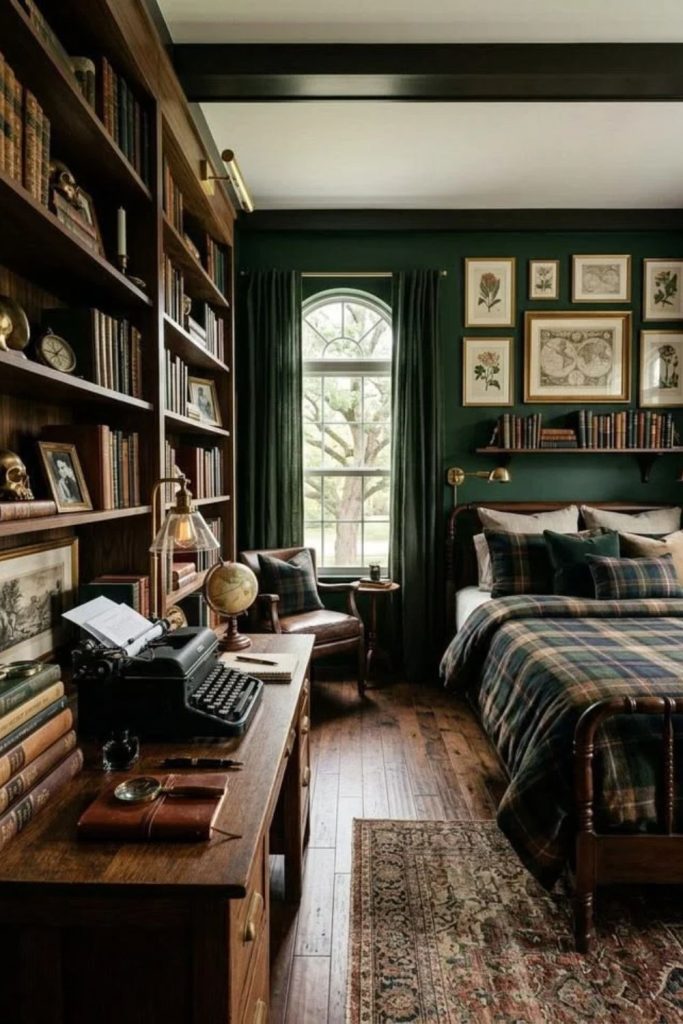 Scholar’s Attic Bedroom with Plaid Bedding