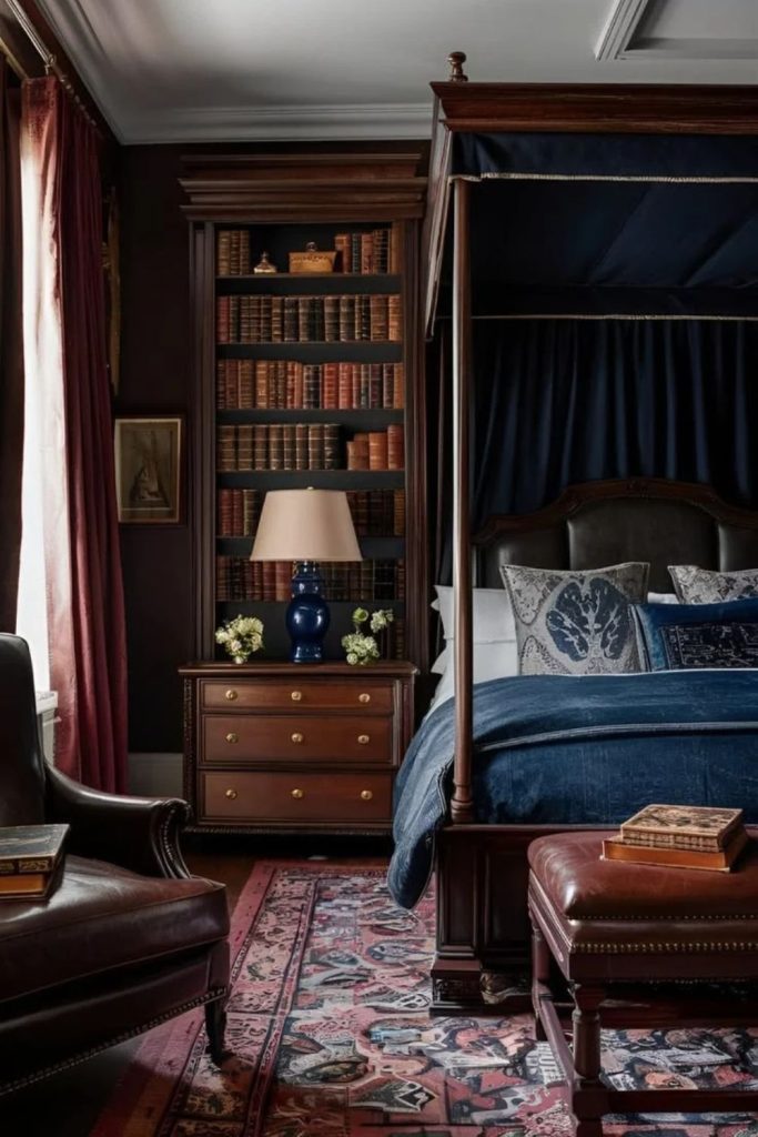Timeless Dark Academia Bedroom with Bookshelves