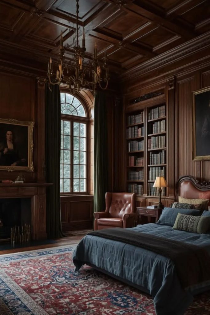Vintage Cinema Academia Bedroom with Velvet Bench