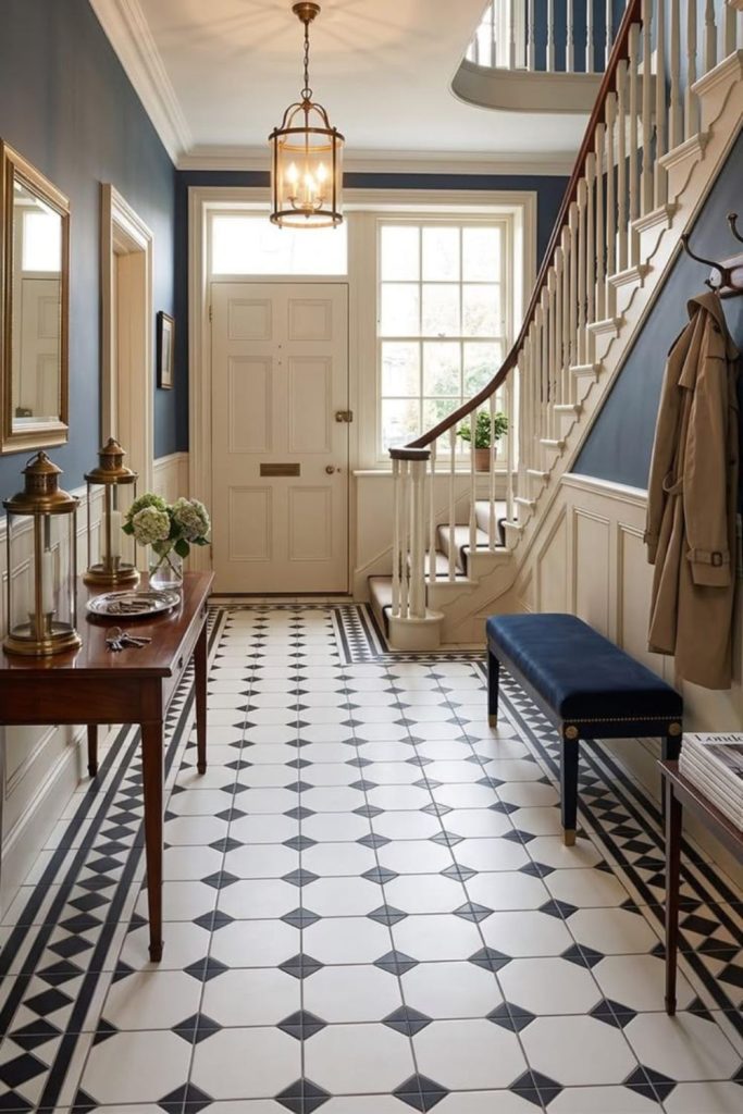 Timeless ivory charcoal foyer flooring.