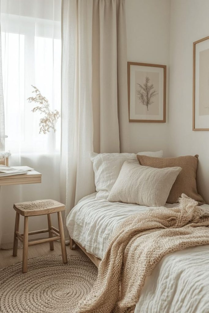 Tiny Scandi bedroom with smart storage.