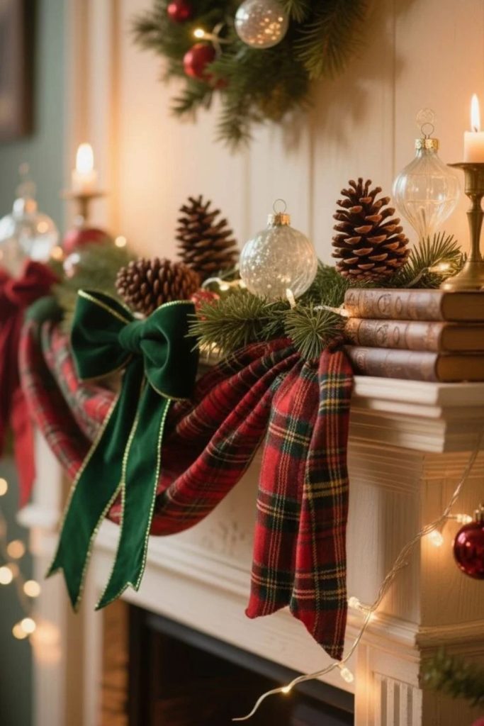 Traditional tartan Christmas mantel with greenery.