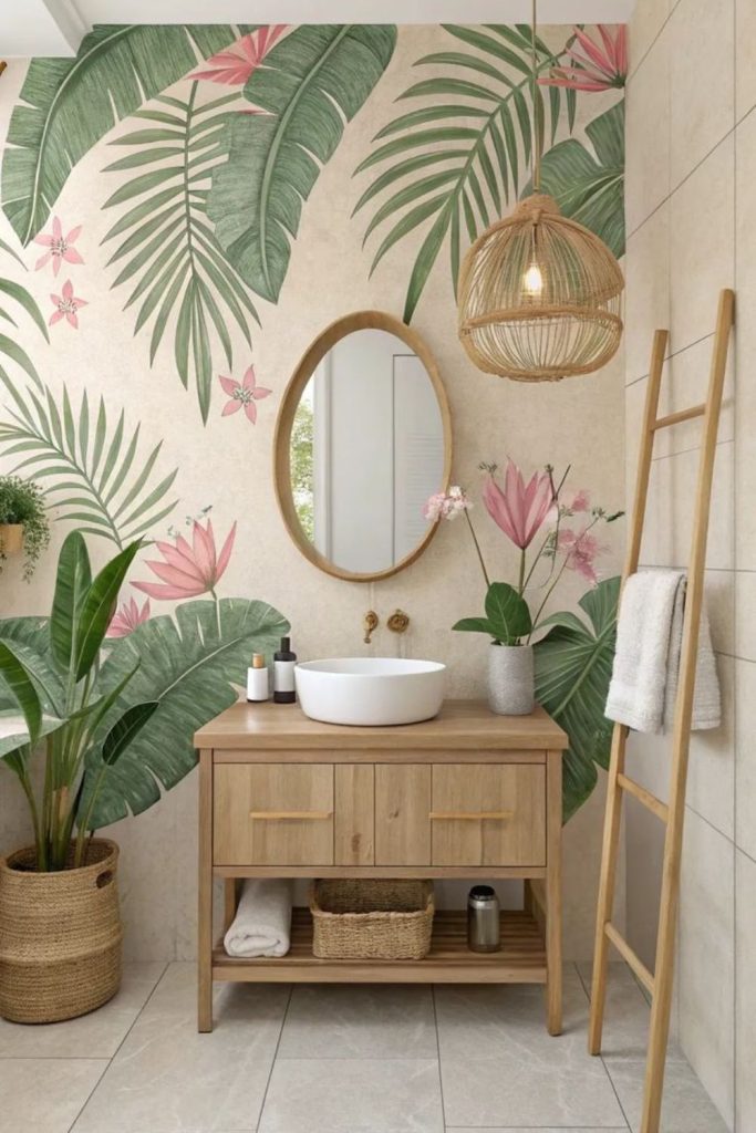 Tropical luxury powder room interior.