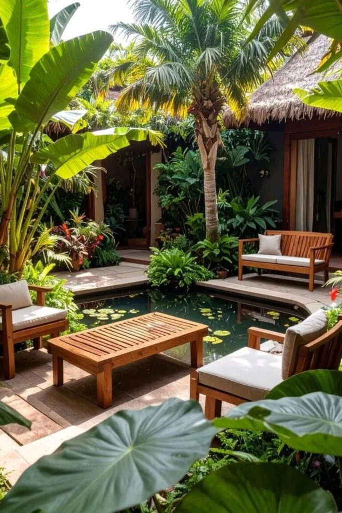 Tropical courtyard filled with lush greenery.