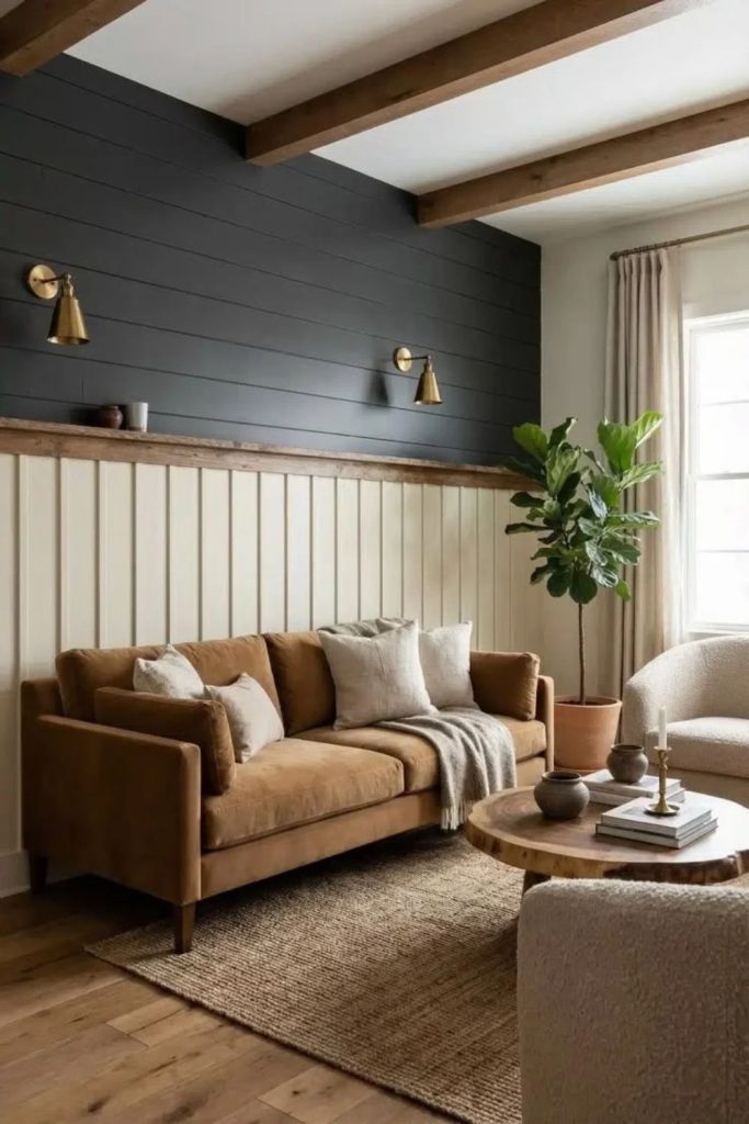 Two-tone shiplap wall with contrasting colors.