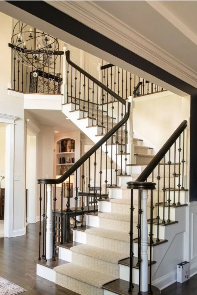 Two-tone staircase with contrasting painted risers.