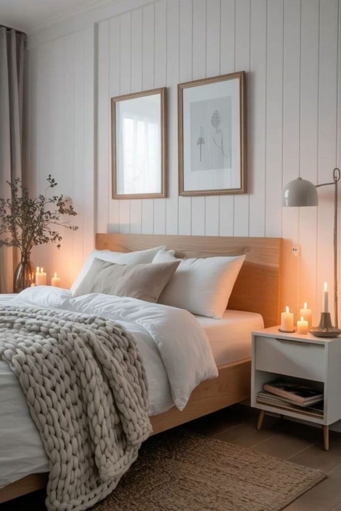 Hygge Nordic bedroom with layered textiles.