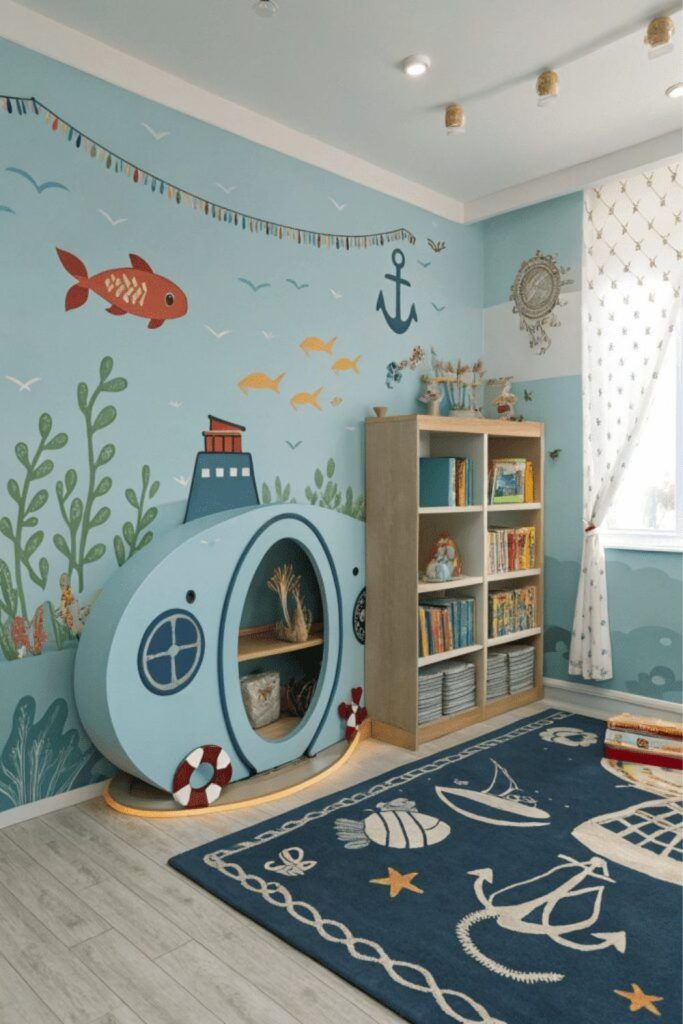 Colorful underwater adventure playroom design.