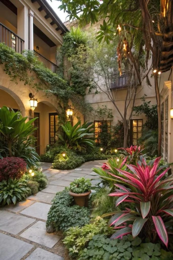 Urban jungle courtyard packed with greenery.