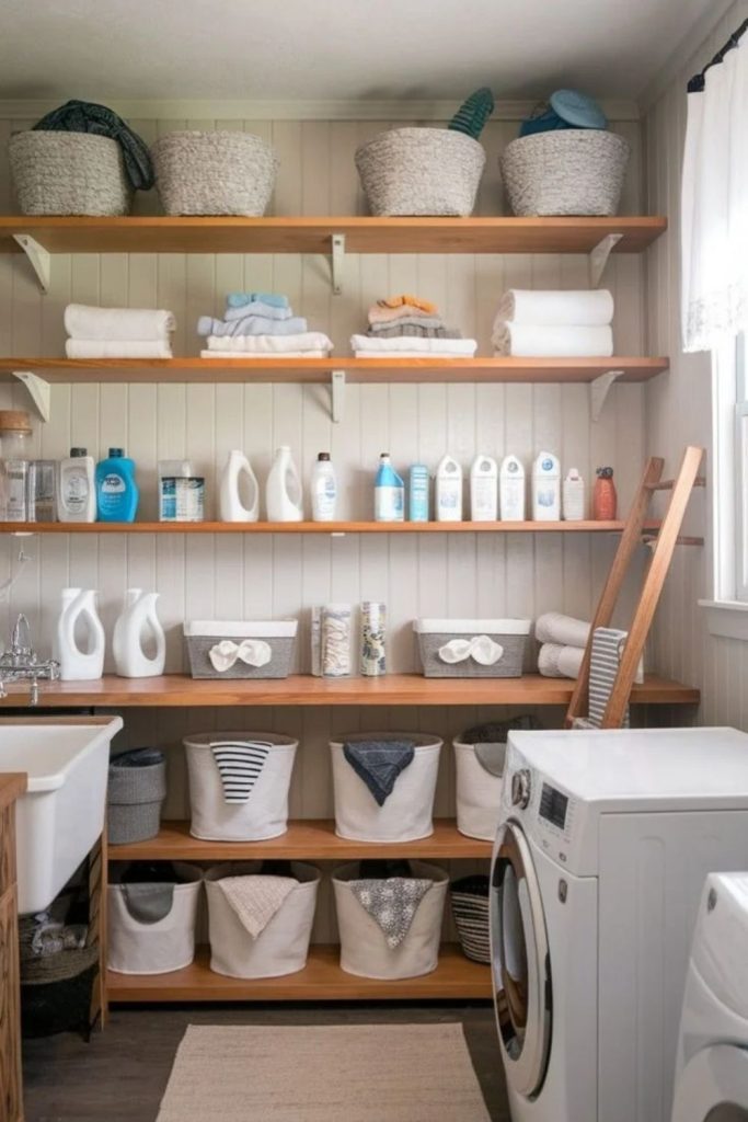 Utility room with open shelving.