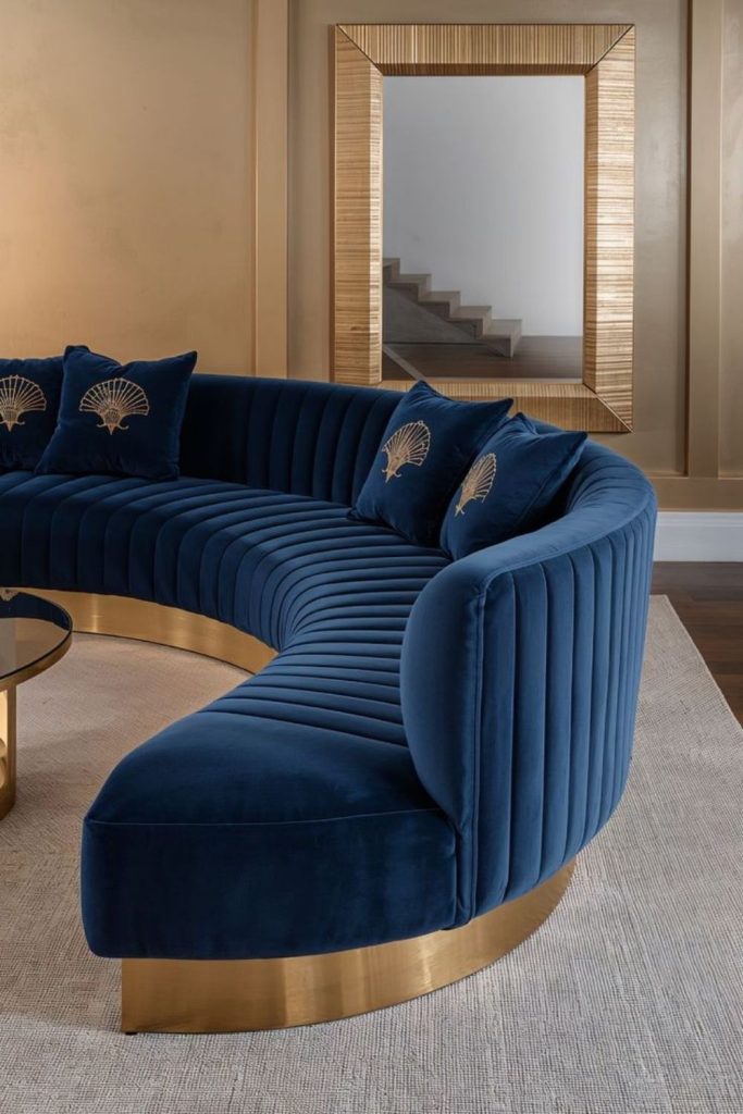 Luxurious velvet curved living sofa.