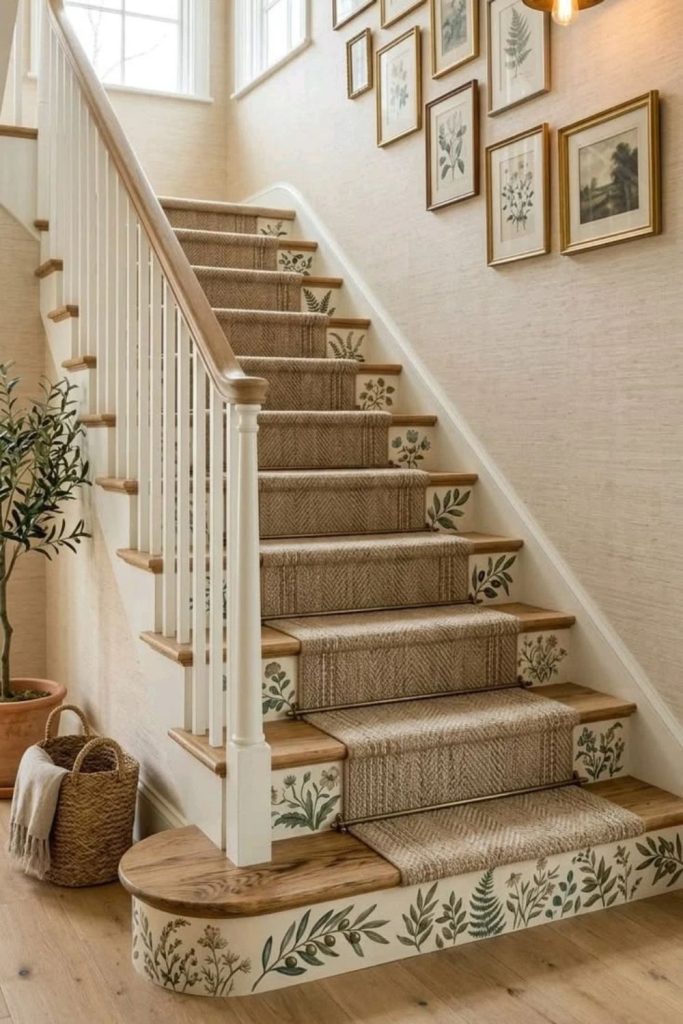 Vintage cottage staircase with sage paint.