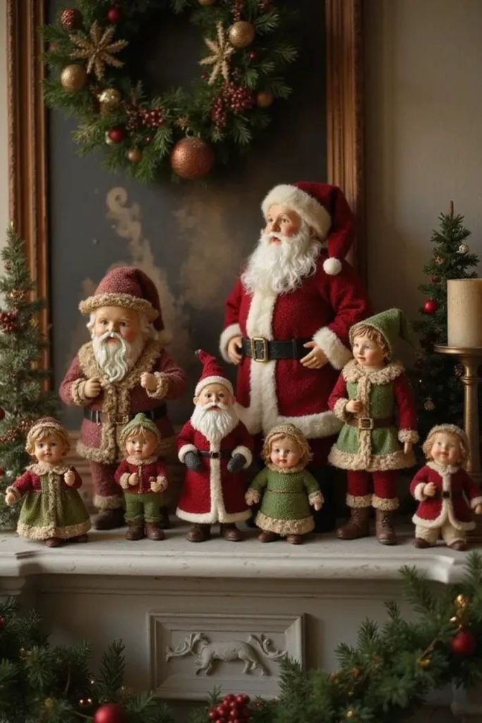 Vintage Santa Christmas mantel with greenery.
