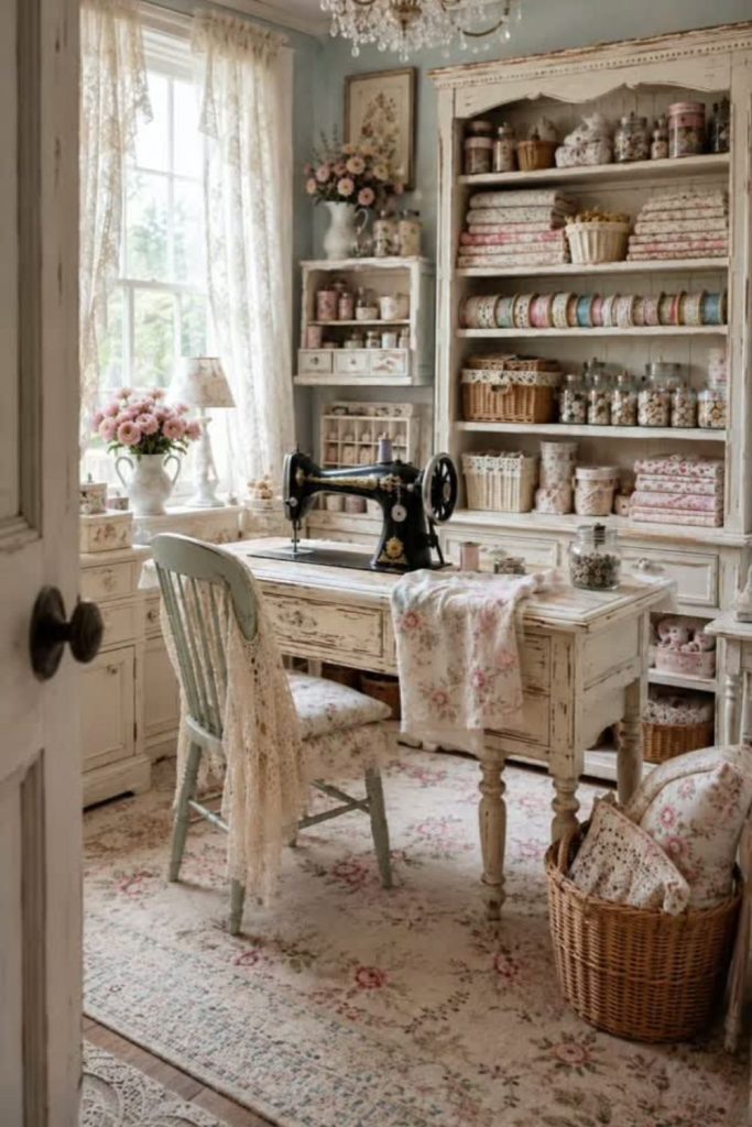 Vintage sewing room with antique decor.