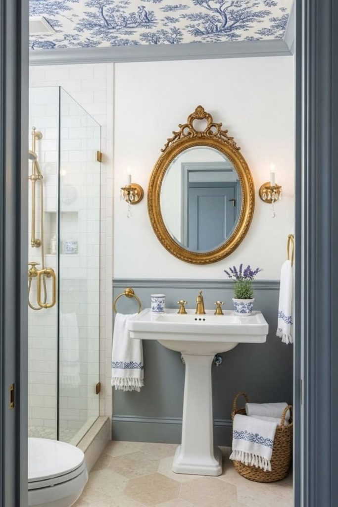 Decorative wallpaper ceiling powder room.