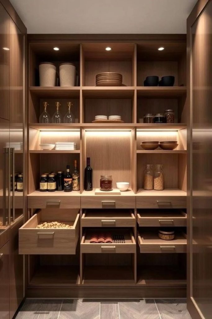 Walnut butler pantry with brass handles.