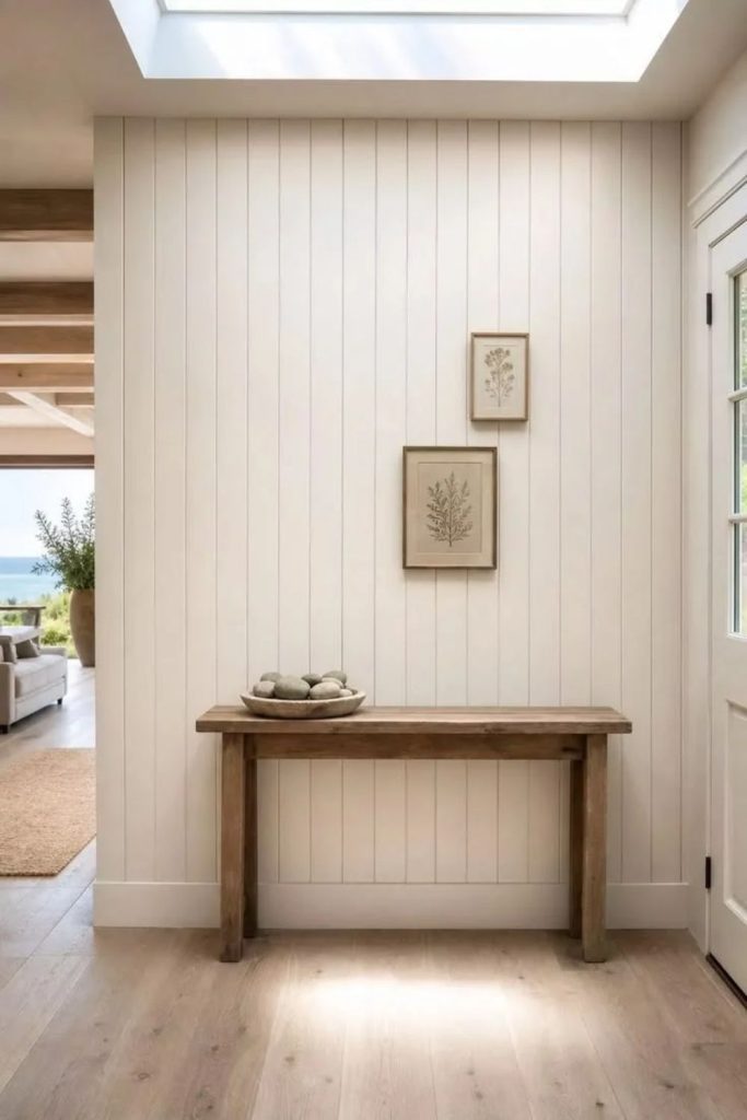 Warm beige shiplap wall interior design.