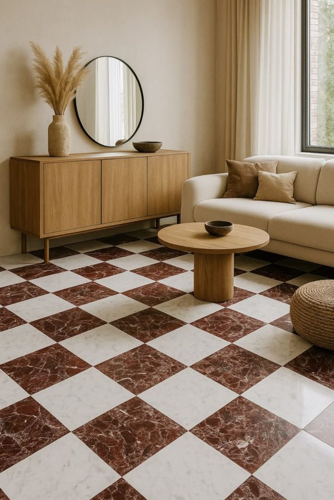 Warm espresso beige checkerboard flooring.