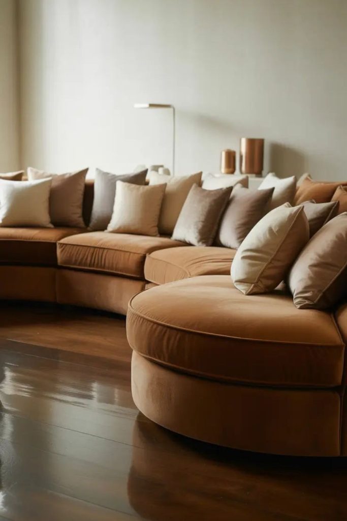 Warm caramel curved sofa arrangement.