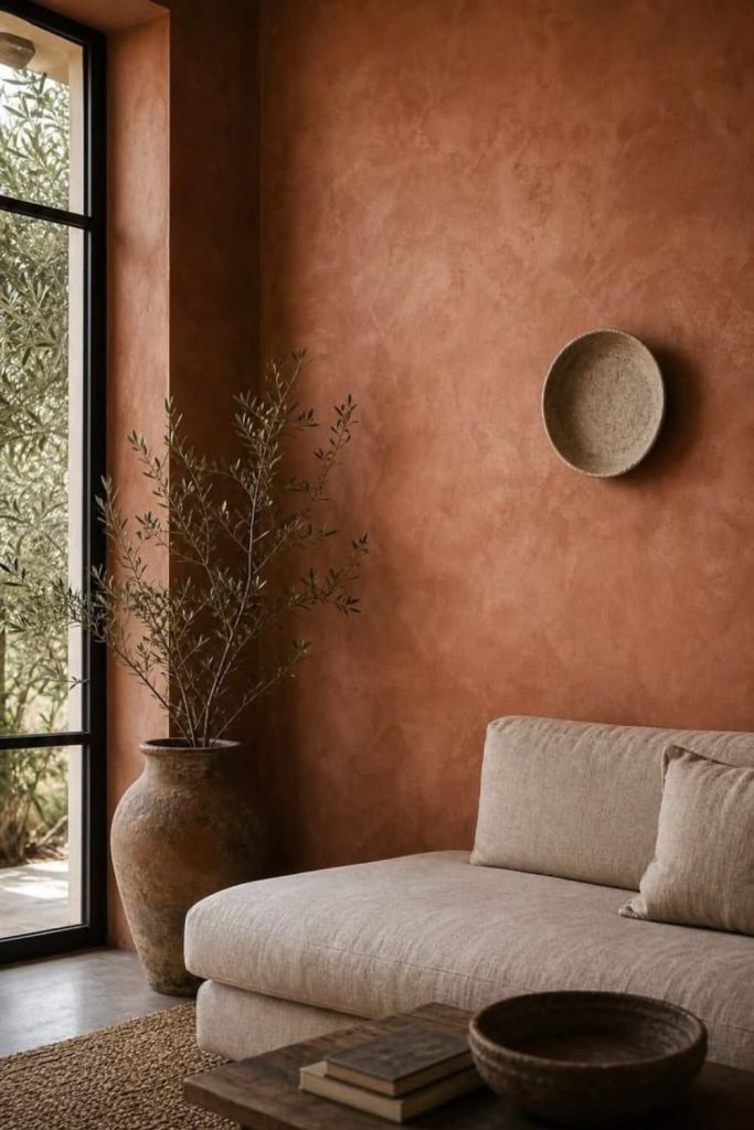 Warm clay rustic limewash walls.