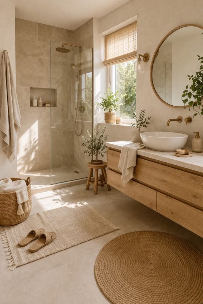 Warm Japandi style ensuite bathroom.