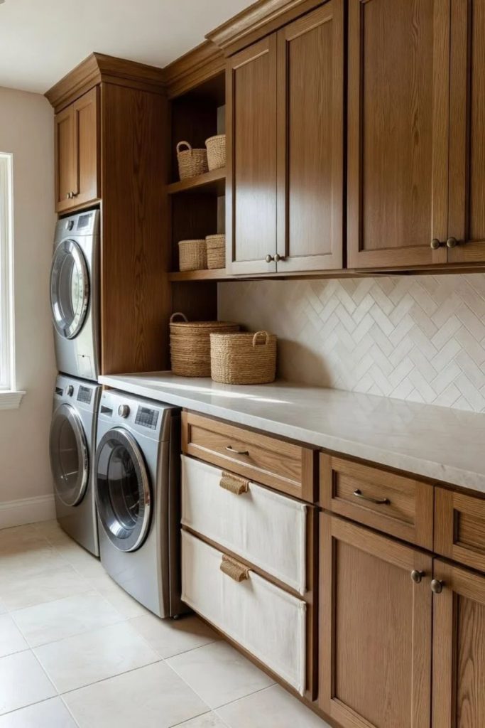 Warm oak laundry room cabinetry.
