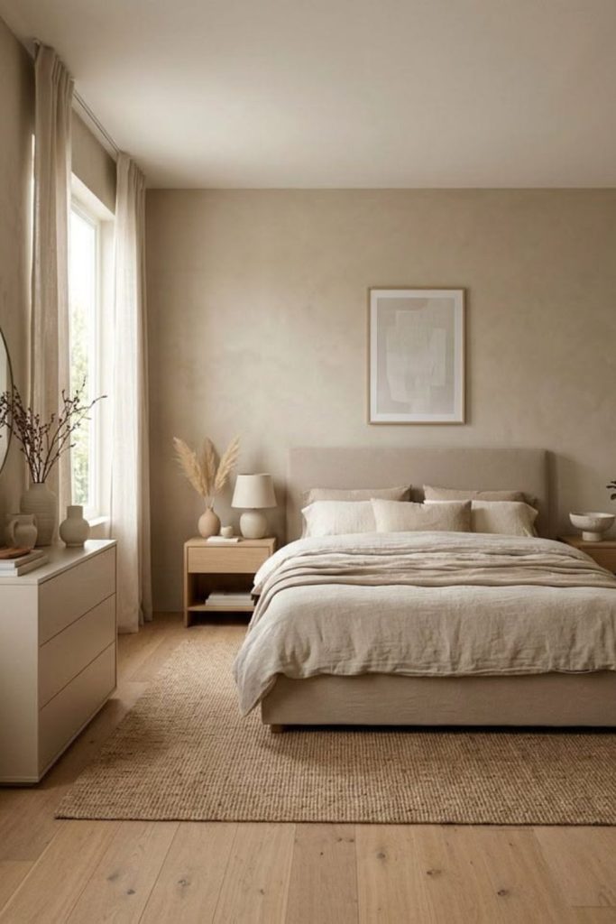 Warm sand bedroom with linen textures.