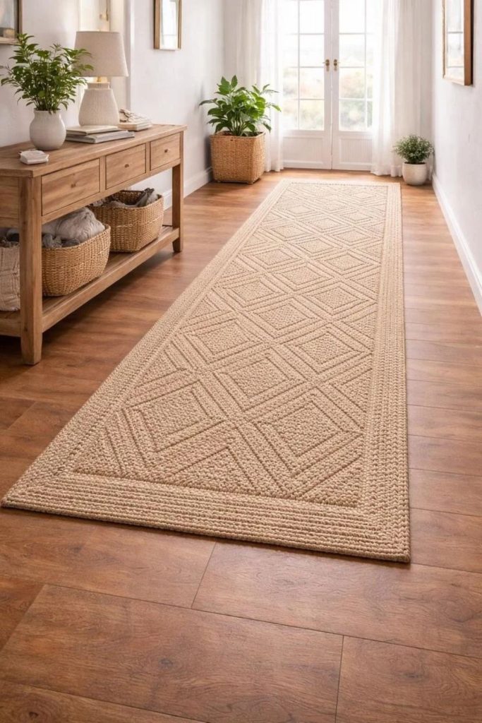 Warm taupe textured hallway runner.