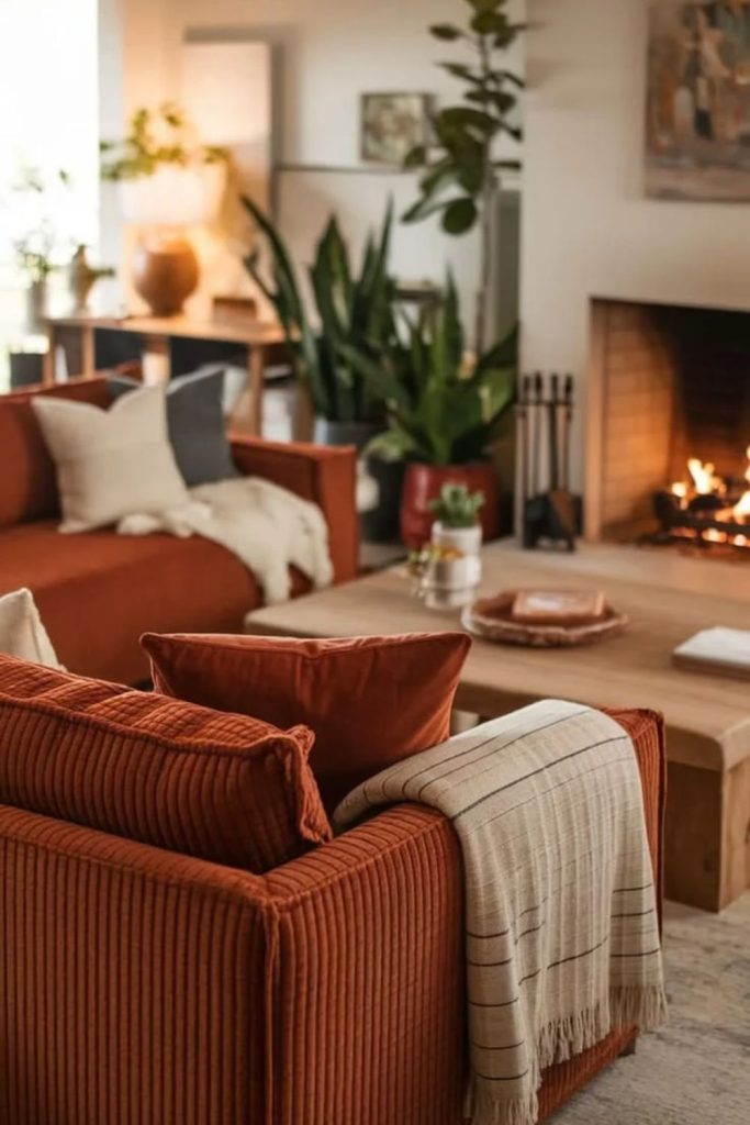 Terracotta winter living room with textures.