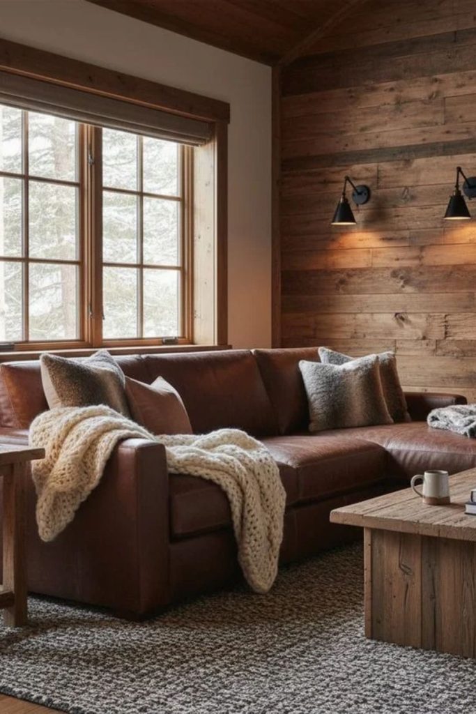 Warm wood living room with textures.