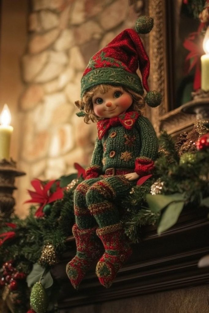 Whimsical elf workshop Christmas mantel display.