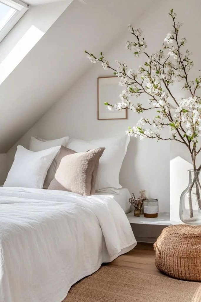 Whitewashed Nordic loft bedroom with beams.
