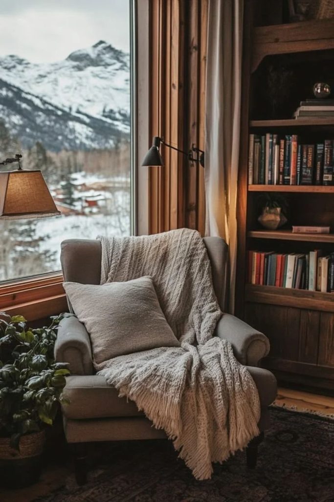 Cozy winter living room reading corner.
