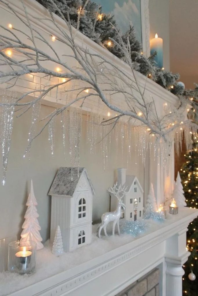 Frosted white winter Christmas mantel décor.