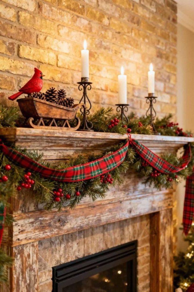 Woodland plaid Christmas mantel with stockings.