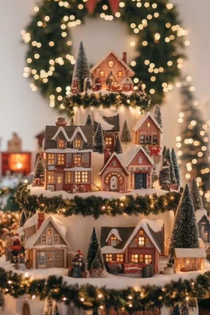 Alpine Christmas village with snowy mountain cottages.