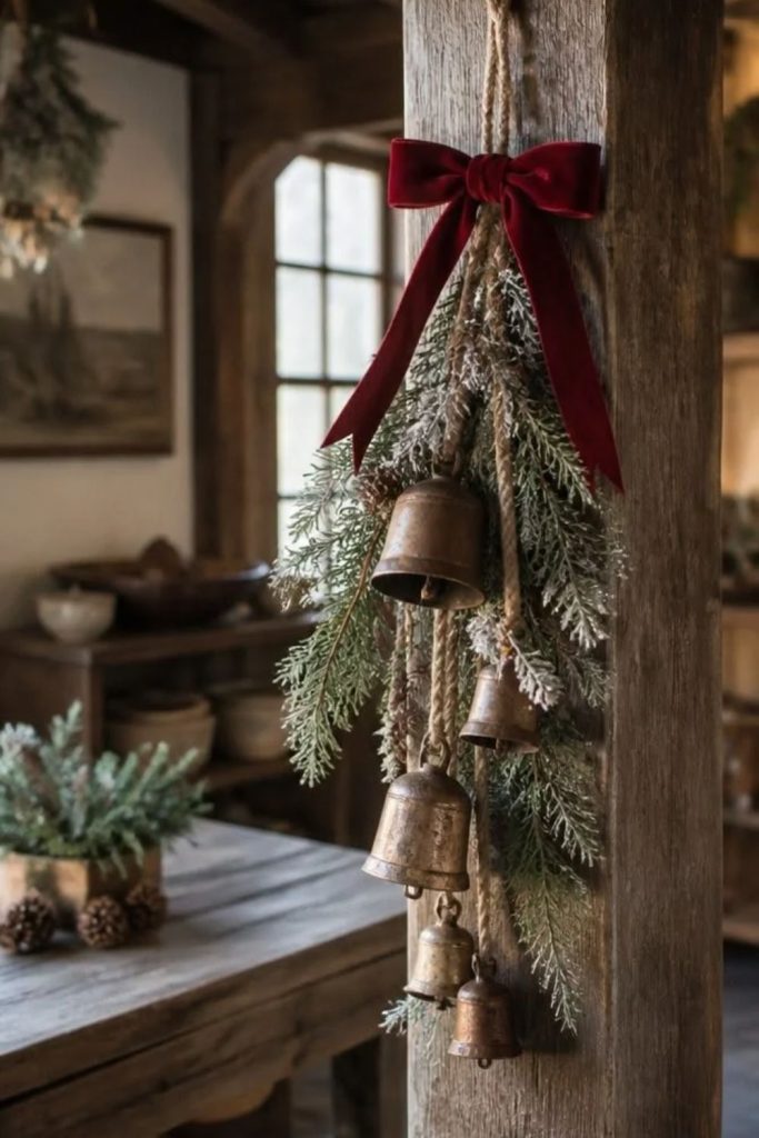 Antique bell Christmas decorations with twine.