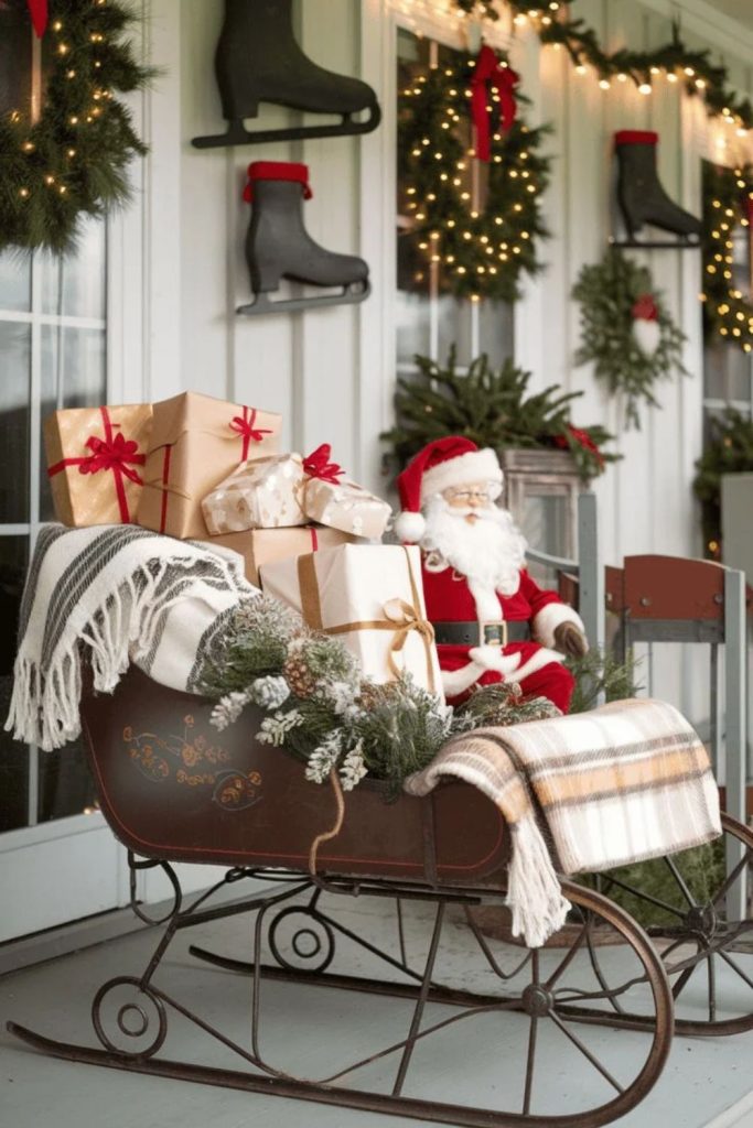 Antique wooden sled decorating Christmas porch.