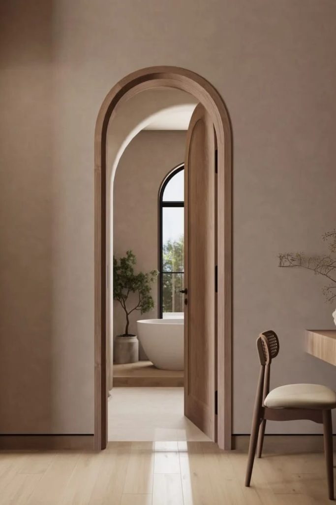 Natural wood arched door with warmth.