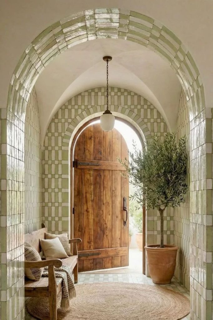 Mosaic tile arch with artistic detailing.