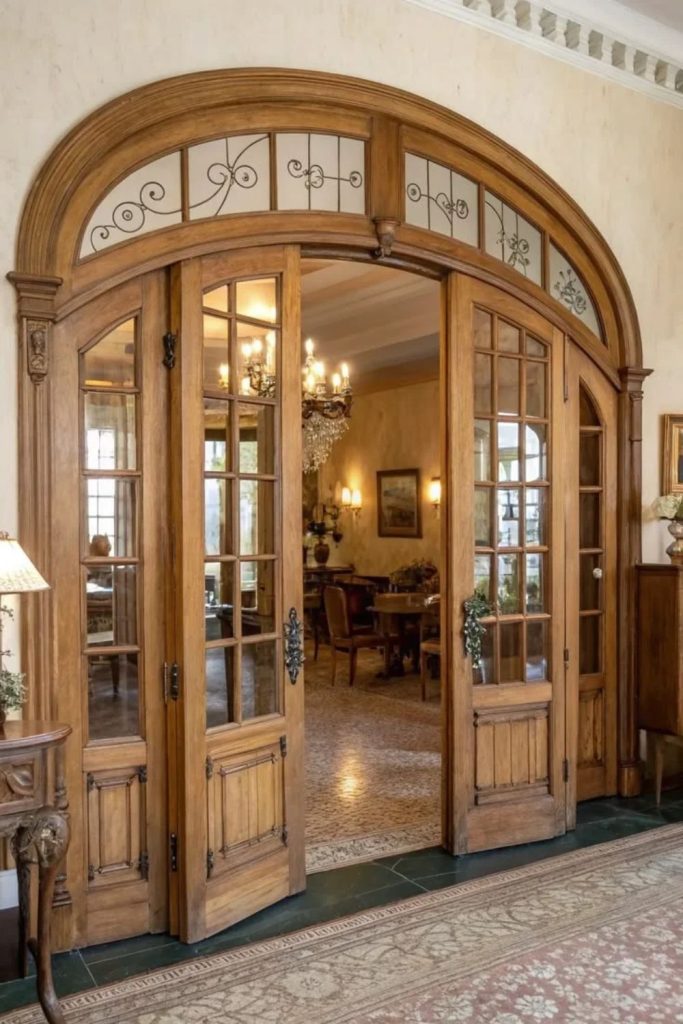 Arched pocket door with space-saving design.