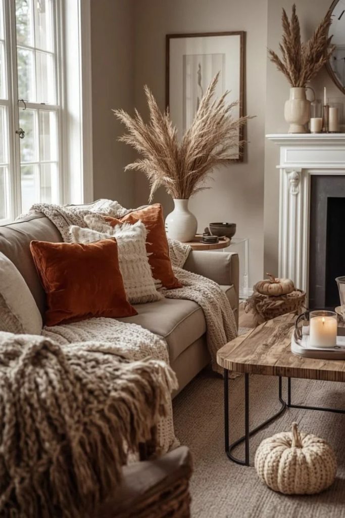 Autumn hygge living room with burnt orange accents.