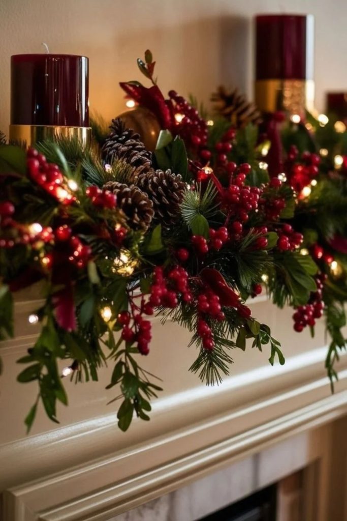 Red berry Christmas garland with greenery.