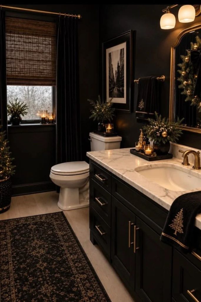 Black and gold luxury Christmas bathroom decorations.